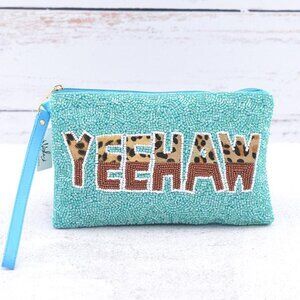 YEEHAW Cowgirl Turquoise Leopard Seed Beaded Wristlet Strap Clutch Handbag NEW
